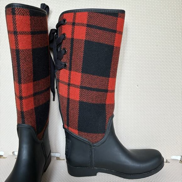 Coach Tristee Tartan Plaid Red Black Rain Boots Size EU 37 Preppy Outdoor Fall - Picture 8 of 13